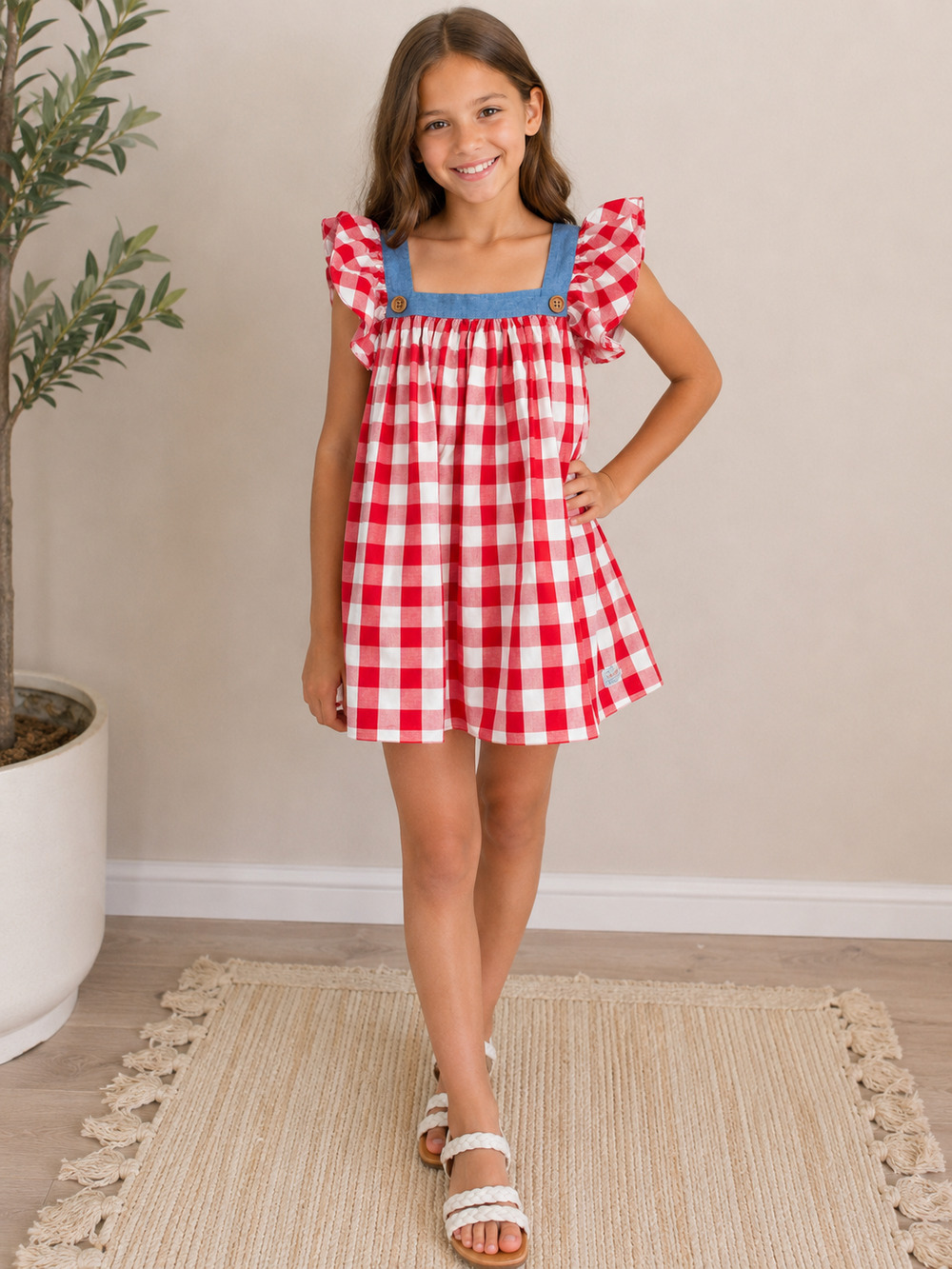 Tabitha Twinkle 10-12 Red Gingham Flutter Sleeve Short Tunic Dress